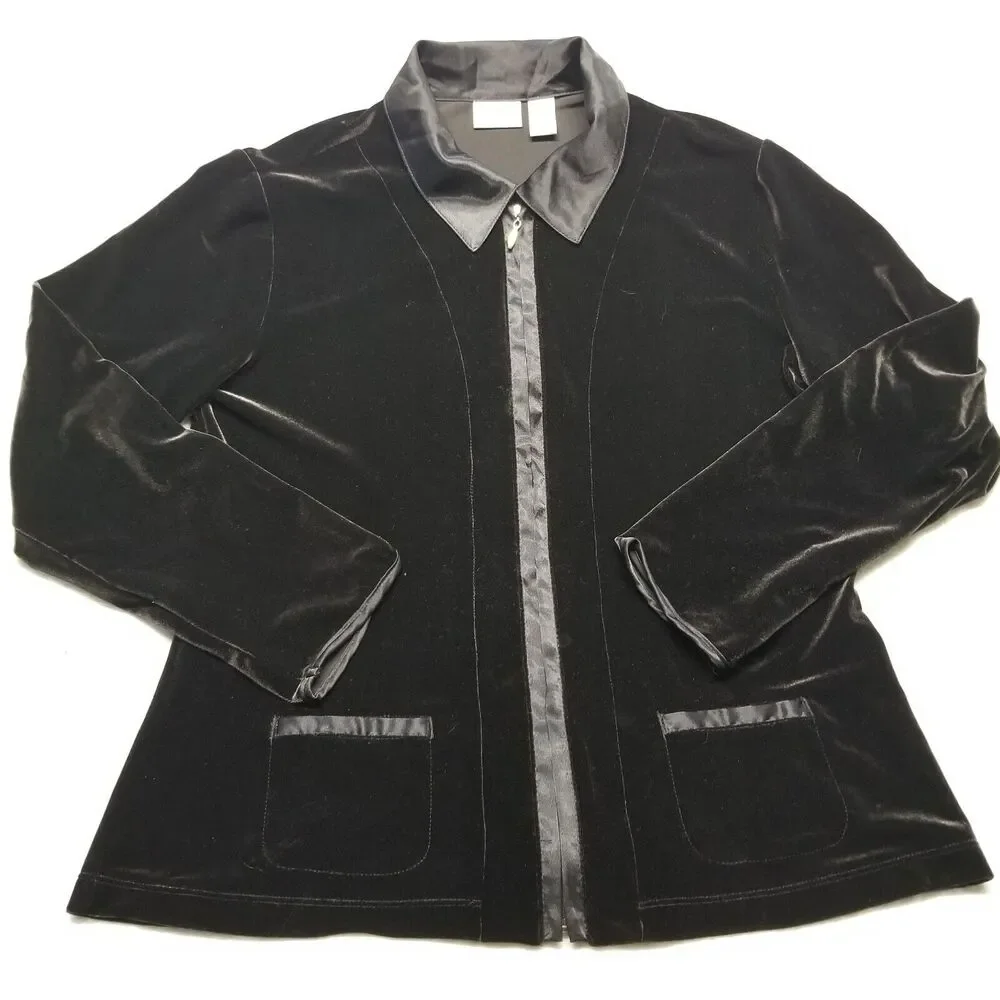 Chicos 2 US Large Jacket Full Zip Velour Satin Trim Black Track Athleisure USA